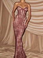 Burgundy strapless maxi dress with lace detail