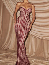 Burgundy strapless maxi dress with lace detail