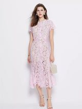 Pink short-sleeve lace mermaid midi dress, front view.