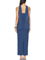 Blue strapless long dress with matching neck scarf, back view
