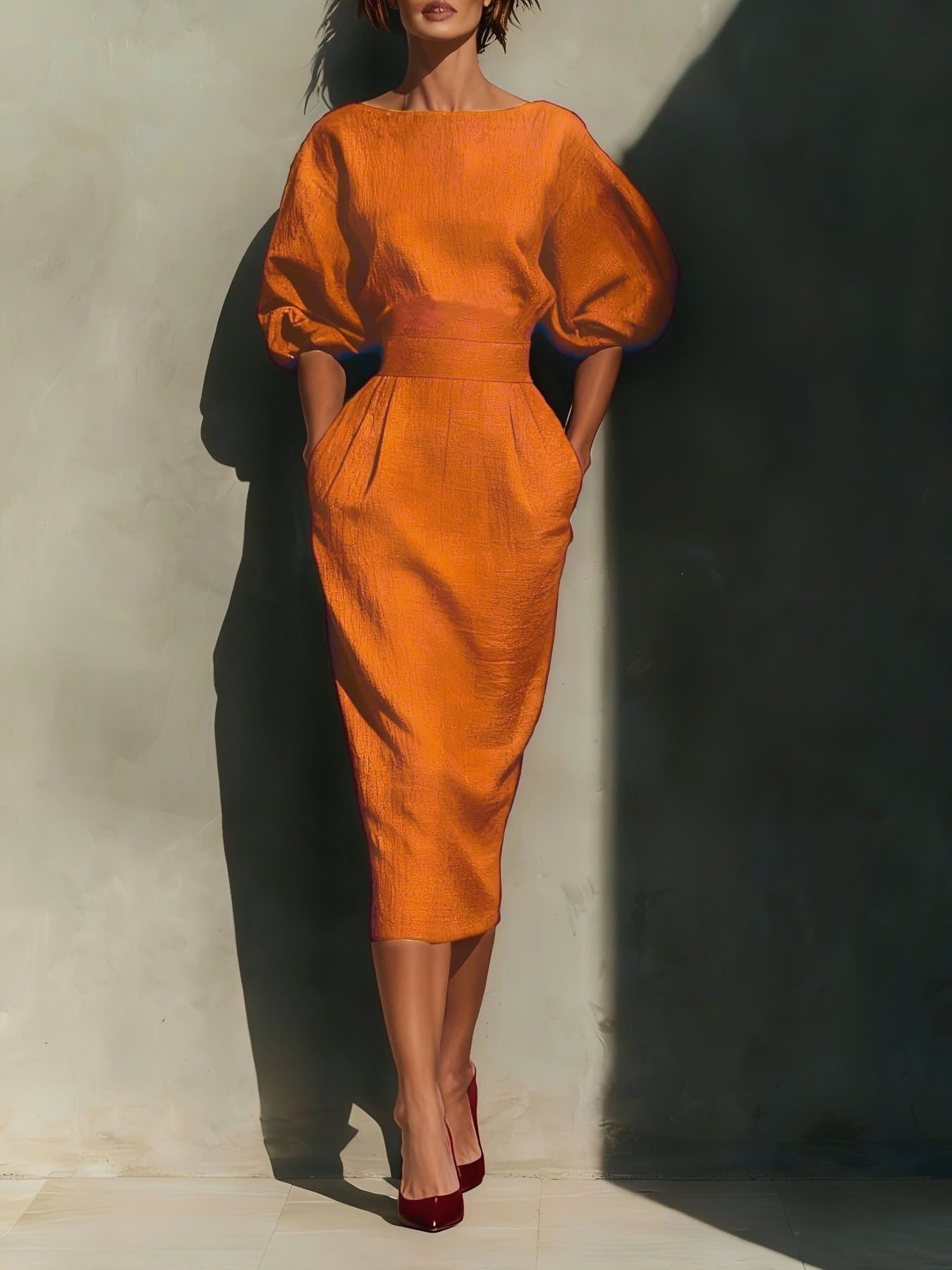 Pocketed round neck puff sleeve midi dress