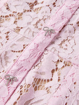 Pink short-sleeve lace mermaid midi dress, lace detail.