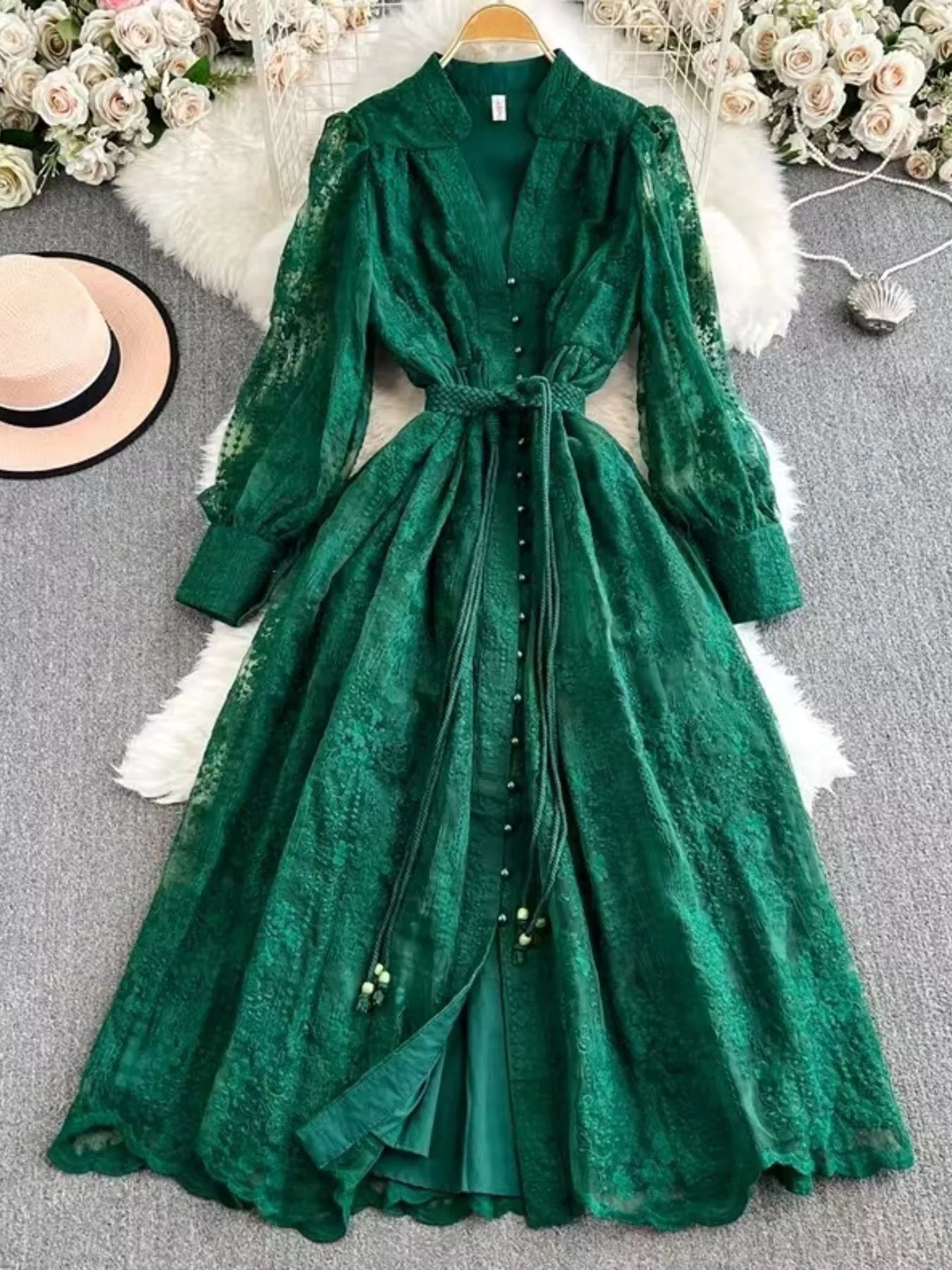 Lace tie-waist long sleeve dress – view 3