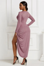 Mauve ruched long-sleeve wrap dress, back view