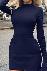 Navy button-front long-sleeve mini dress, neckline detail.