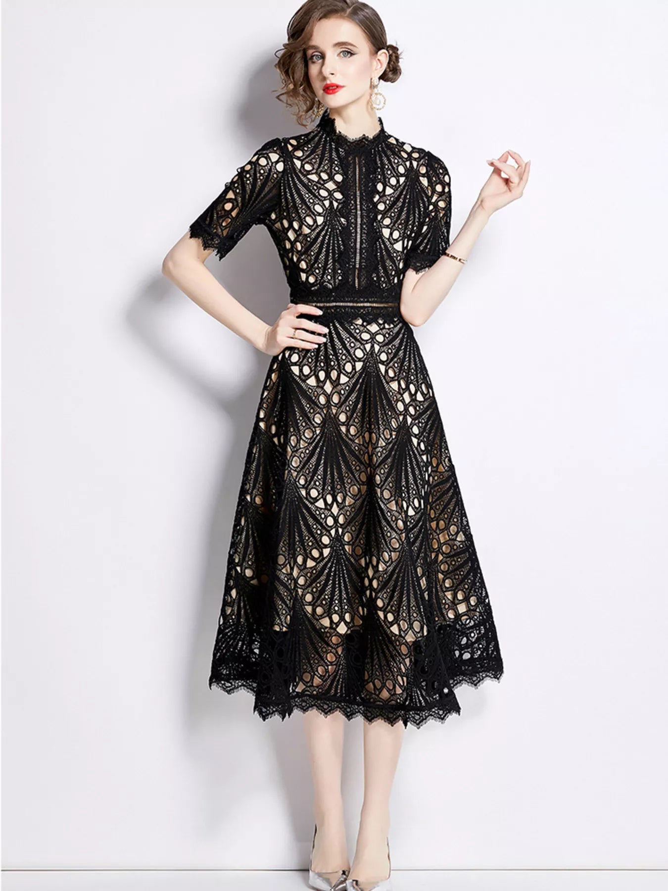 Plus Size Lace Midi Dress with Short Sleeves – alternate view 2
