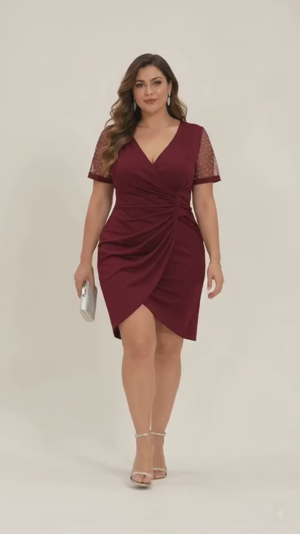 Plus Size Satin Wrap Wedding Guest Dress with Sheer Sleeves