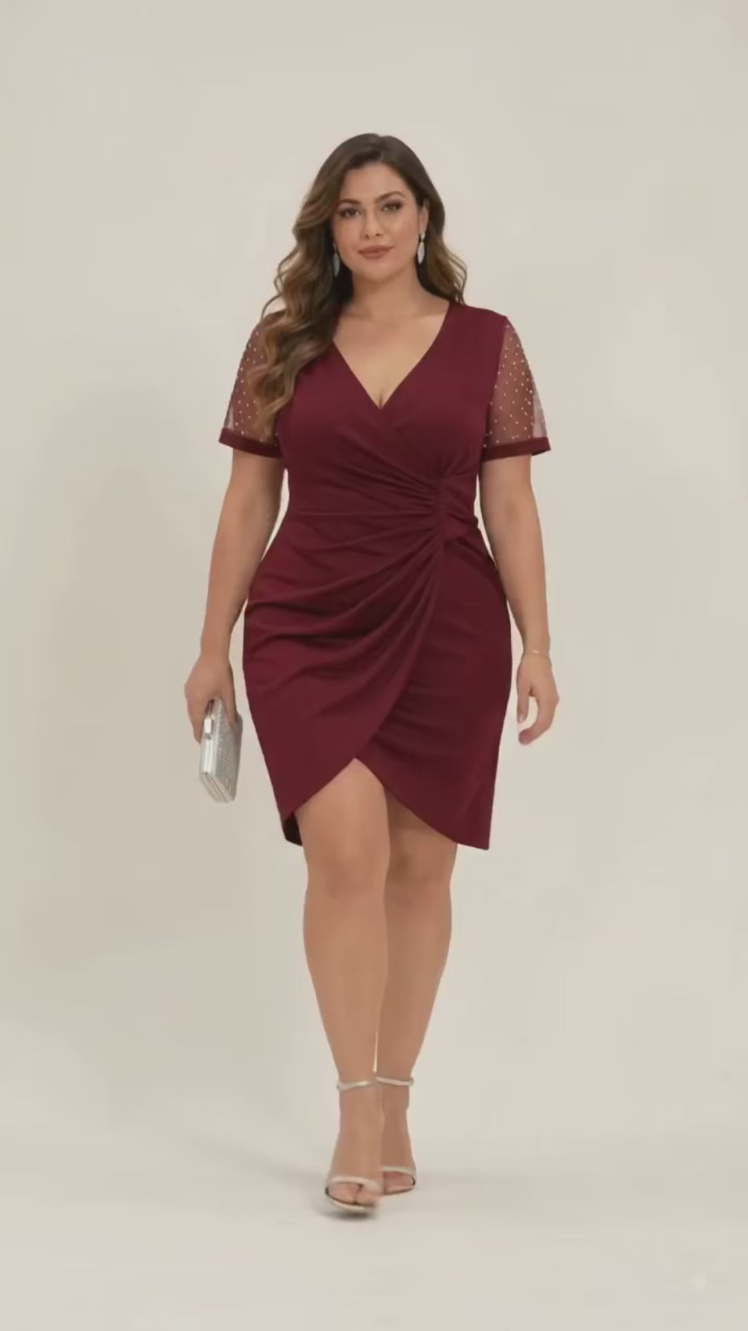 Plus Size Satin Wrap Wedding Guest Dress with Sheer Sleeves